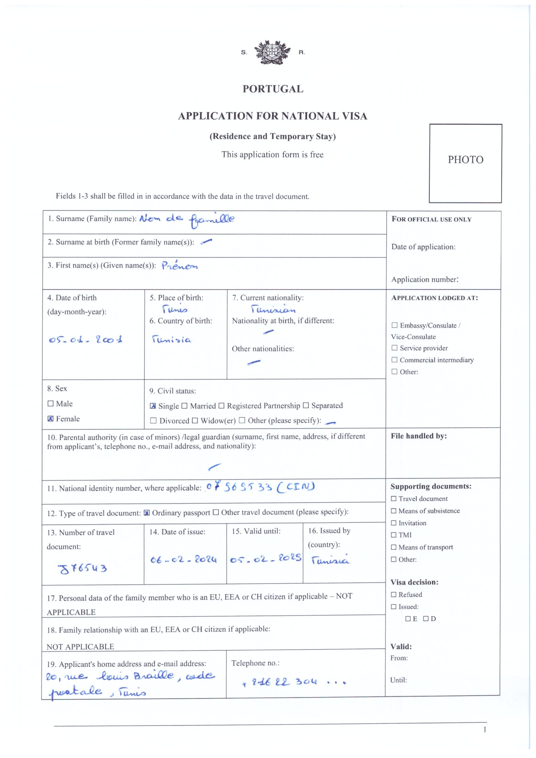 Formulaire de demande de visa dûment rempli pour l’année universitaire mars 2026, spécialité Double Diplôme à l’IPB Bragança.